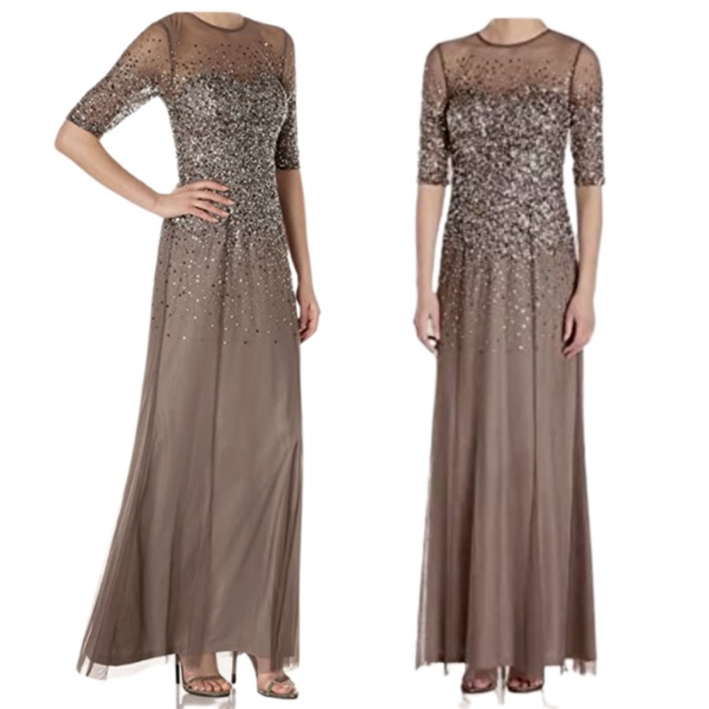 Adrianna Papell 3/4 Sleeve Bead Illusion Gown Lead